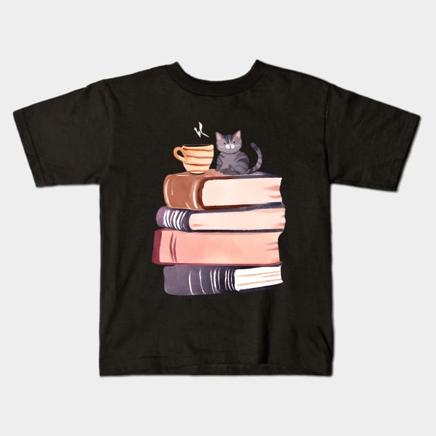 Books and Coffee and Cats Kids T-Shirt by FarmOfCuties